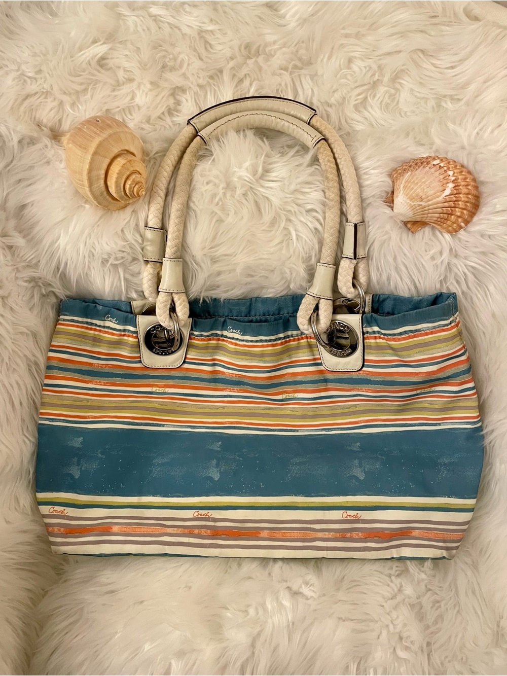 Coach Nautical Summer Striped Canvas Shoulder Bag in Teal, Orange, Cream